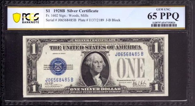 1928 B $1 Silver Certificate Note Funny Back Fr.1602 Jb Block Pcgs Gem 65 Ppq