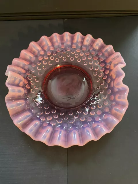 Fenton Hobnail Opalescent Glass Candy Dish 6” Cranberry Pink White Ruffled Edge