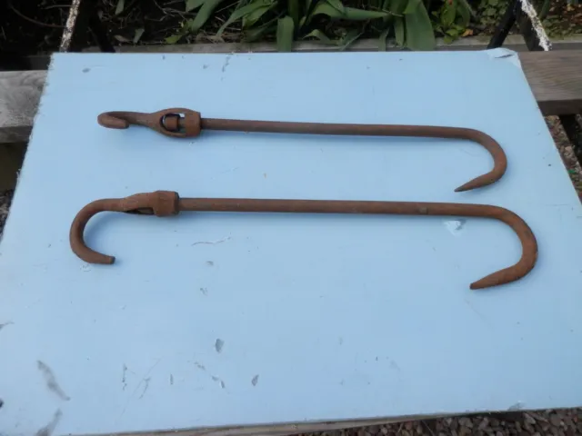2 X Vintage Antique Heavy Iron Butchers Meat Hooks With Brackets Long
