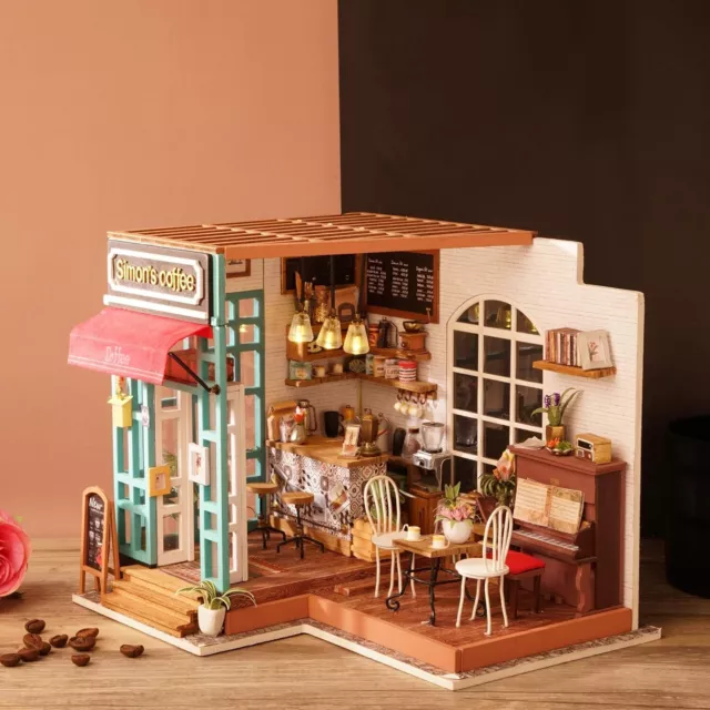 Rolife DIY LED Simmon's Coffee House Dollhouse Miniature Kit for Kids Xmas Gift