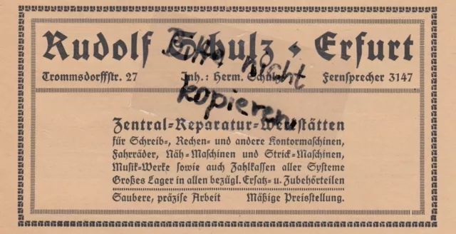 ERFURT, Werbung 1920, Rudolf Schulz Zentral-Reparatur-Werkstätten