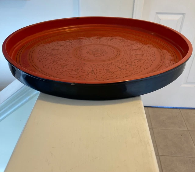 Burmese Lacquer Serving Tray Engraved Design of Phoenix-like Birds