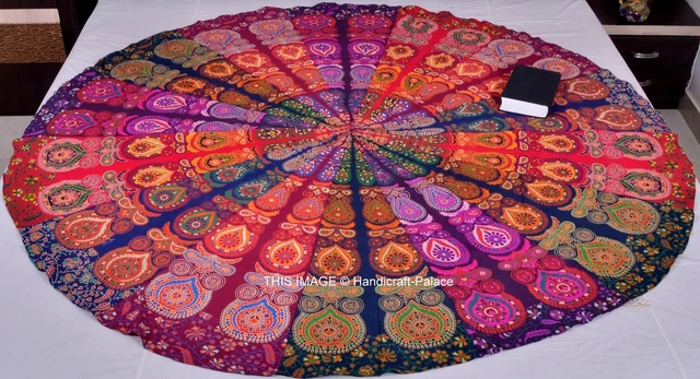 Grand Tapis Indien Rond Mandala Bleu - Coton - Yoga & Décoration (182 Cm)
