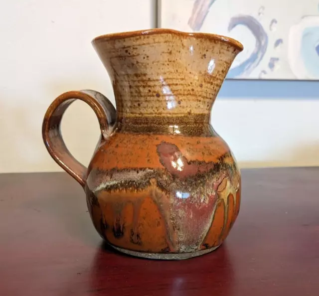 Brown Glazed Red Drip Studio Pottery Pitcher Handle 4.75"H Vintage Ritter Signed