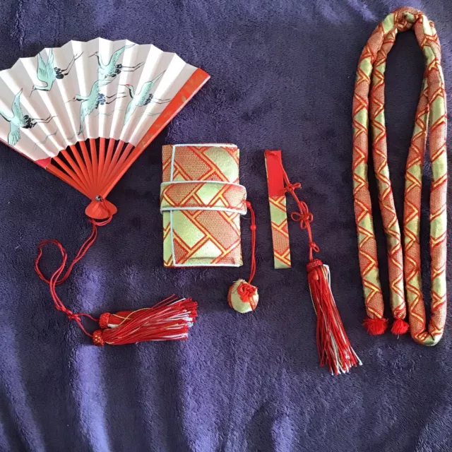 Vintage Gold Red Shichigosan 7-5-3 Girl's Accessories Japanese Kimono Set 七五三