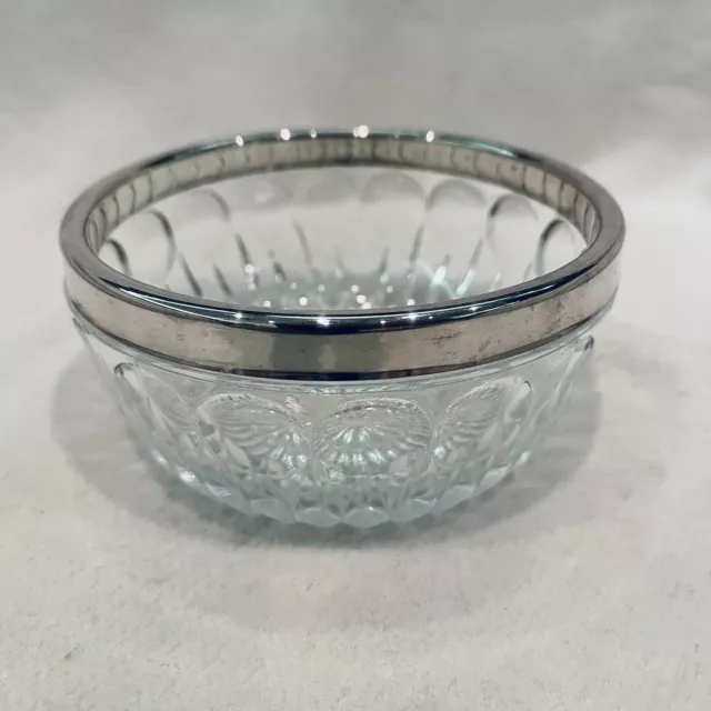 Vintage Cut Crystal Thumb Print Starburst Bowl With Silver Plated Rim