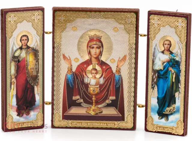 Folding Wooden Triptych Icon of Inexhaustible Chalice Virgin Mary Mother of God