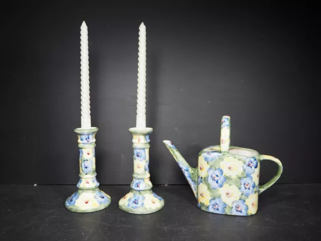 Pair of Hand Painted Blue & Yellow Flowers Candlesticks Holders & Watering Can