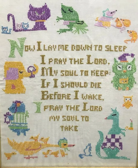 Vintage CROSS-STITCH Sampler NEEDLEPOINT "Now I Lay Me Down To Sleep" PRAYER