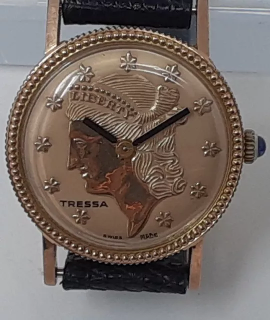 Vintage Tressa Swiss 17J Gold Plated Womens Liberty Coin Watch