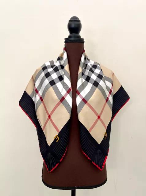 New Burberry Scarf Check Beige Black Border Silk Wrap 2