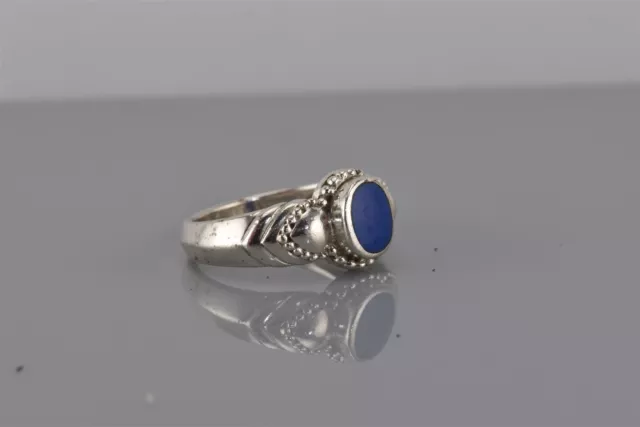 Sterling Silver Blue Oval Lapis Puffy Hearts Beaded Band Ring 925 Sz: 7.5