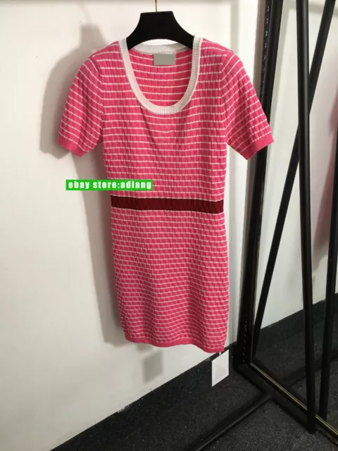 strip knitted round neck dress short sleeve silm fashion women 2024 high quality