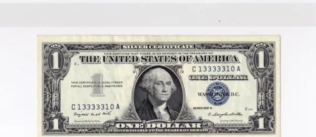 1957A $1 One Dollar Silver Certificate Bill Near Solid Repeater Fancy C13333310A
