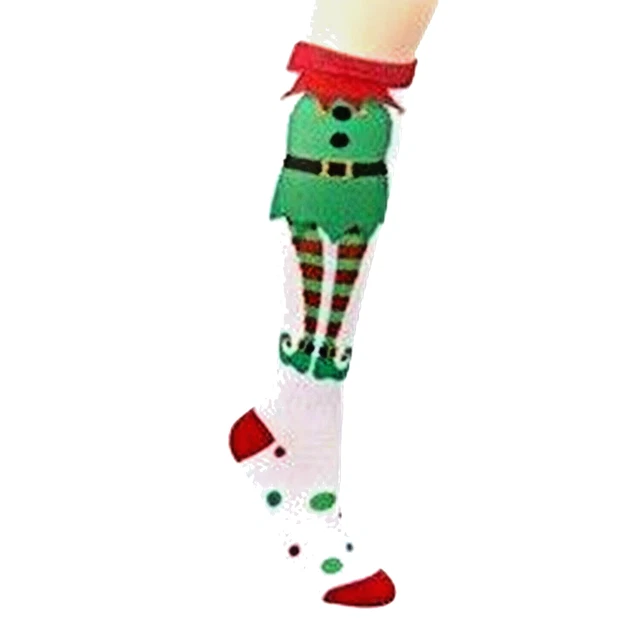 Fun ELF BODY SUIT KNEE SOCKS White Green Red Novelty Holiday Christmas Stockings