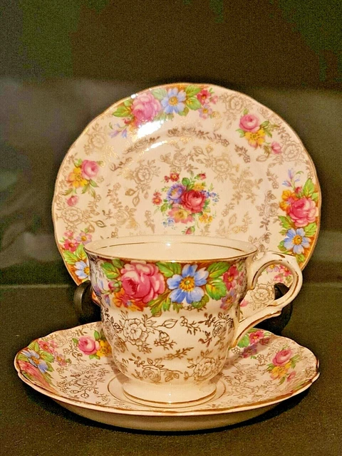 Vintage James Kent Ltd Longton Made in England Balmoral Chintz Gilt C/S/P Trio