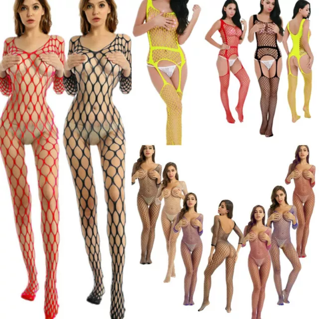 UK Sexy Women Fishnet Crotchless Bodysuit Babydoll Lingerie Stocking Nightwear