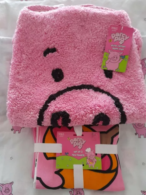 Tappetino da bagno Marks and Spencer Percy Pig e confezione da 3 teatowels rosa nuovo con etichette M & S