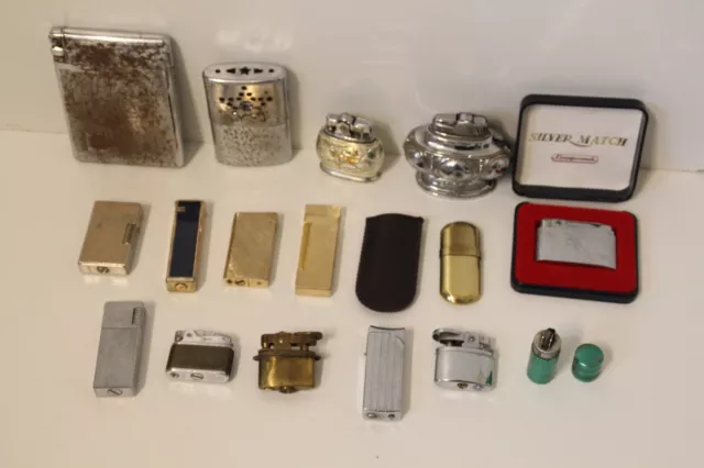 lot de 16 briquets ancien dont juno, silvermatch, guichard et fils, weltp, brass lot de 16 briquets ancien dont juno, silvermatch, guichard et fils, weltp, brass