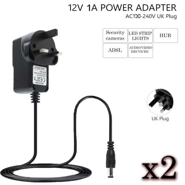 Pack of 2 AC/DC 12V 1A  1000mA 100-240V AC UK POWER SUPPLY ADAPTER CHARGER MAINS