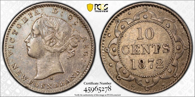 1872H Newfoundland 10 Cents - PCGS XF45 - 45965278 Trend 475$
