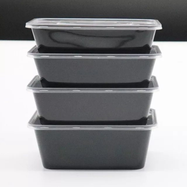 100Pcs Food Plastic Containers Clear Black Takeaway Microwave Freeze Lids 500ml