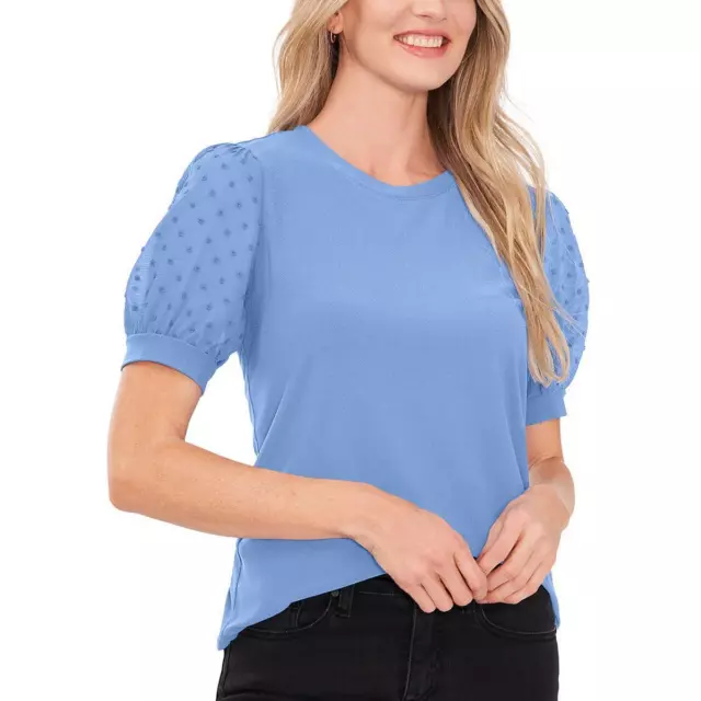 CeCe Womens Blue Puff Sleeve Mixed Media T-Shirt Top Blouse L BHFO 3195