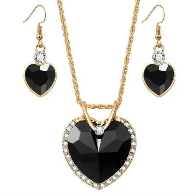 2Tlg. Set, kette mit Anhänger-Ohrringe, Vergoldet/Schwarz+Strass.