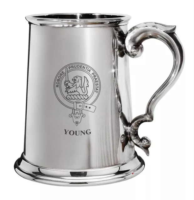 Young Family Crest Polished Pewter 1 Pint Tankard with Scroll handle