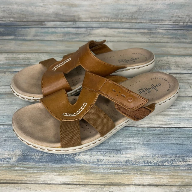 Clarks Leisa Emily Slide Size 8.5 Slip On Sandal Comfort Brown Womens Tan Boho