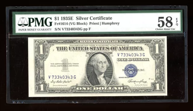 DBR 1935-E $1 Silver Fr. 1614 VG Block PMG 58 EPQ Serial V73340343G
