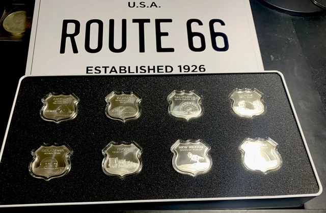 ICONS OF ROUTE 66 / 8, 1 Oz .999 Silver Medal Set / Very Nice