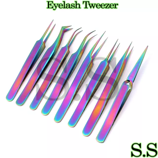 OR Set of 8 Piece Stainless Steel Multi Rainbow Color Eyelash Extension Tweezers