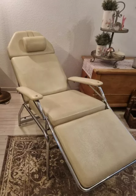 70er Sessel Behandlungsstuhl Leder Beige Metall Barbier Stuhl variabel Stuhl TOP