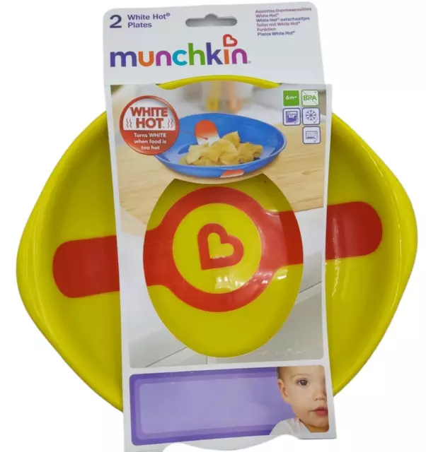 Munchkin 2 White Hot Plates 12 Months Toddler Baby Feeding Meal Plastic Dishes