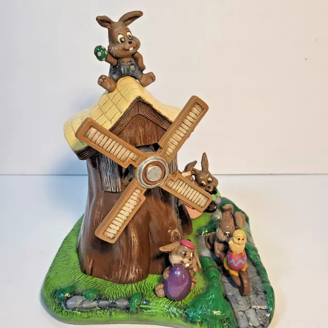 Vtg Large Scioto Mold Easter Bunnies Music Box Windmill Figurine Wind Up 10"H