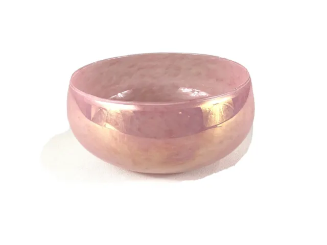 Pink Iridescent Hand Blown Glass Bowl, No Markings, Studio Art Vintage Width: 8”
