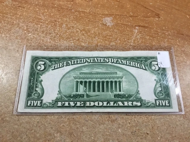 1934-B Misaligned-$5-Silver Certificate Banknote-AU-Blue Seal-1297 A 2