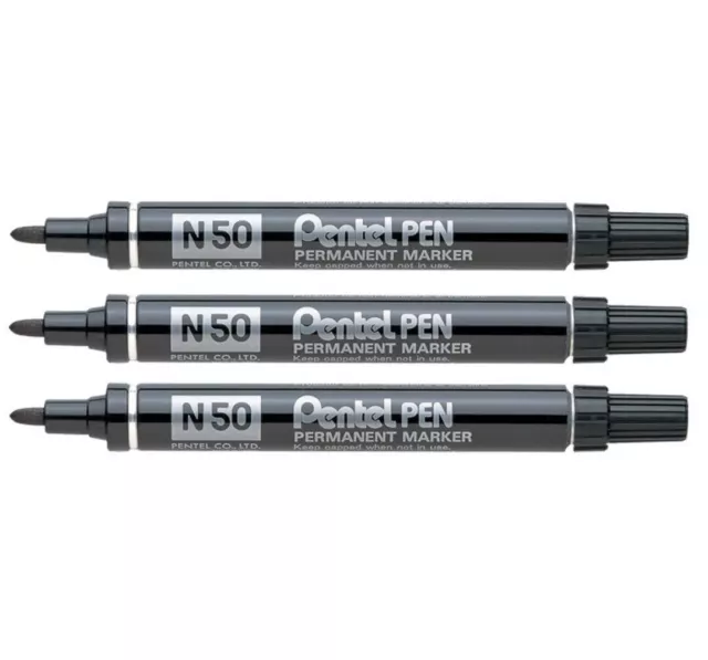 Pentel N50 Black Permanent Marker Pen Bullet Tip - Pack 3