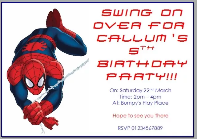 personalised photo paper card party invites invitations SPIDERMAN SPIDEY #3