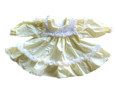 Vintage Alexis YELLOW Long Sleeve BABY GIRL Dress w/ FULL SKIRT White Lace 6m