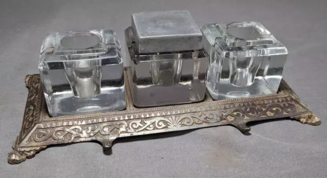Antique Cast Iron 3 Glass Inkwell Eastlake Style Inkstand
