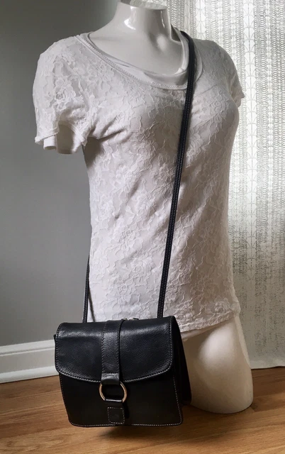 FOSSIL Black Crossbody Shoulder Bag Organizer Messenger Leather Purse 8.5” L•EC