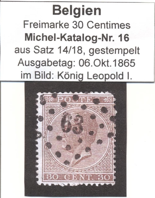 Briefmarken Belgien, Freimarken-Ausgabe Michel-Katalog-Nr. 16, gestempelt