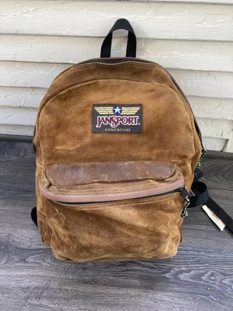 Rare Vintage 90s Jansport Adventure Brown Leather Backpack Suede Day-Pack