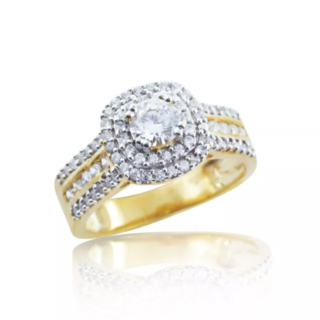 14k or Jaune Sur Diamant Rond Double Halo Mariage Bague de Fiançailles Anneau