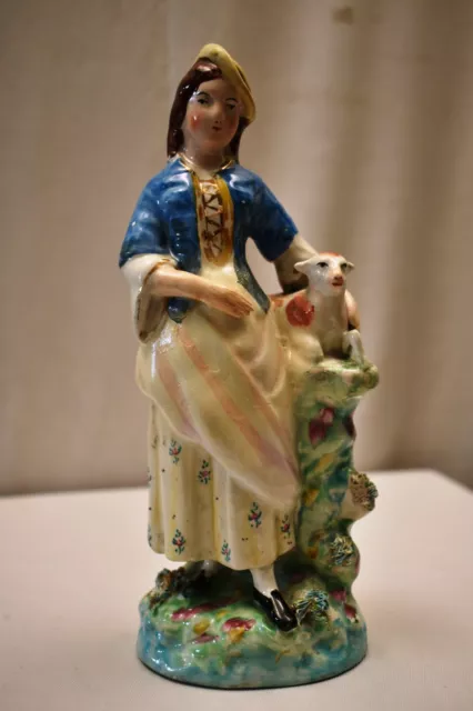 Antique Staffordshire Figure Of Young Lady Holding Goat'S Kid Porcelain Decorati 2