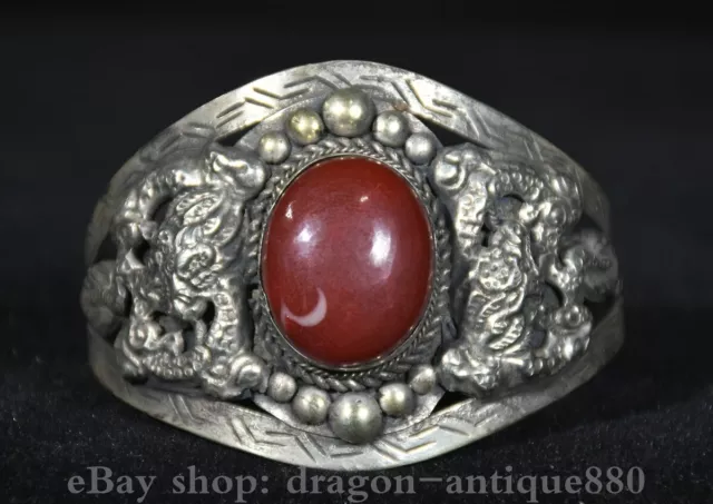2.8" Old Chinese Silver inlay ruby Dynasty Palace dragon bracelet bangle