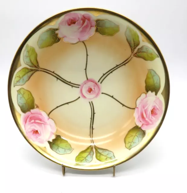 VTG Prussia Royal Rudolstadt Bowl Hand Painted Pink Roses Gold Thorns Signed