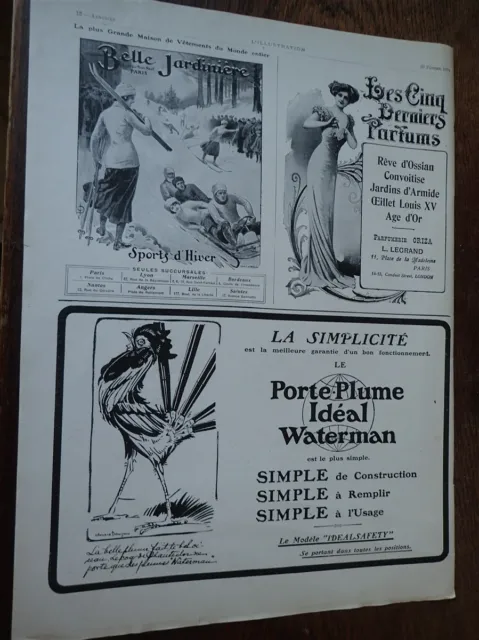 WATERMAN + BELLE JARDINIERE + parfum ORIZA publicité papier ILLUSTRATION 1910